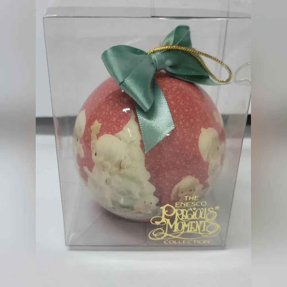 Lot of 4 Precious Moments Holiday Ornaments 1994 Enesco Round Balls Bows